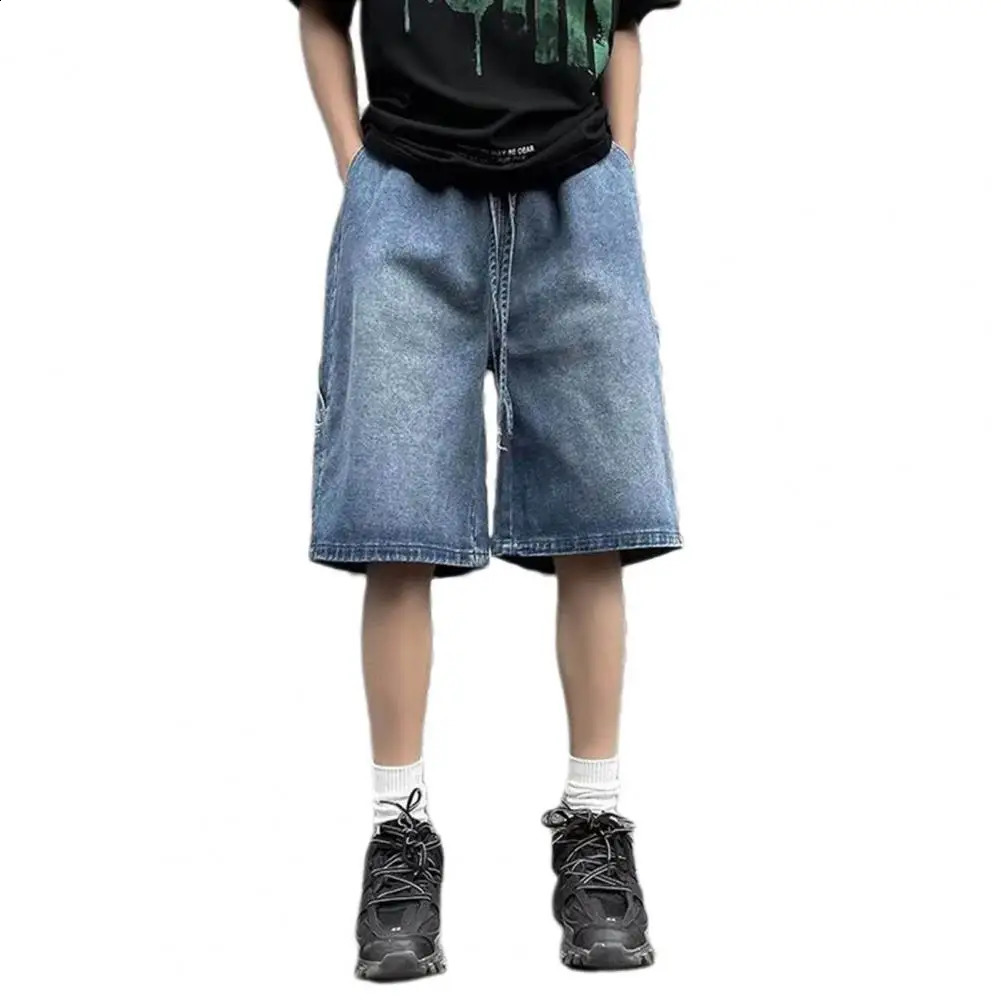Plus Size Men Denim Shorts Elastic Drawstring Waist Straight Wide Leg Shorts Solid Color Beach Shorts Summer 240812