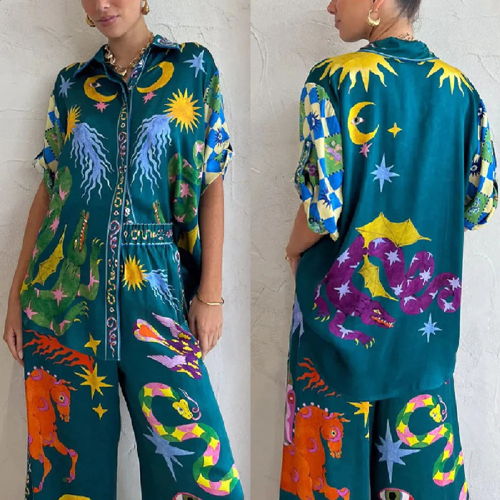 Women Printed Set Buttons Shirt Blouse Top Loose Long Pants 2 Pieces Set Lady Hawaii Spring Summer Casual Outfits Streetwear 240812