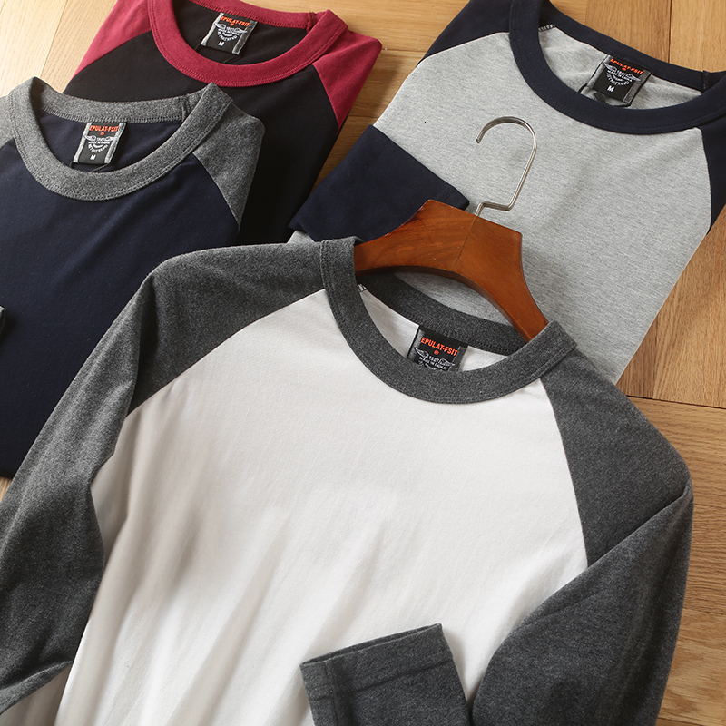 Summer American Retro Raglan Longsleeved Oneck Montage Tshirt Mens Fashion Simple 100%Cotton Washed Casual Sport Tops 240807