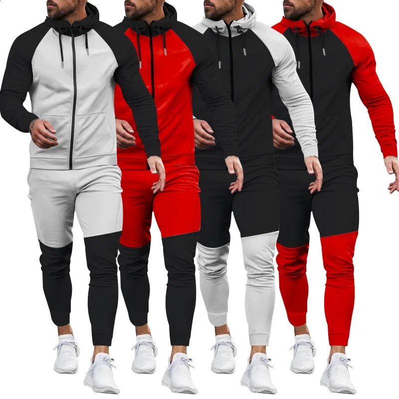 Autumn winter hoodie color matching sports suit Casual sports suit mens coat trousers fashion set 240812