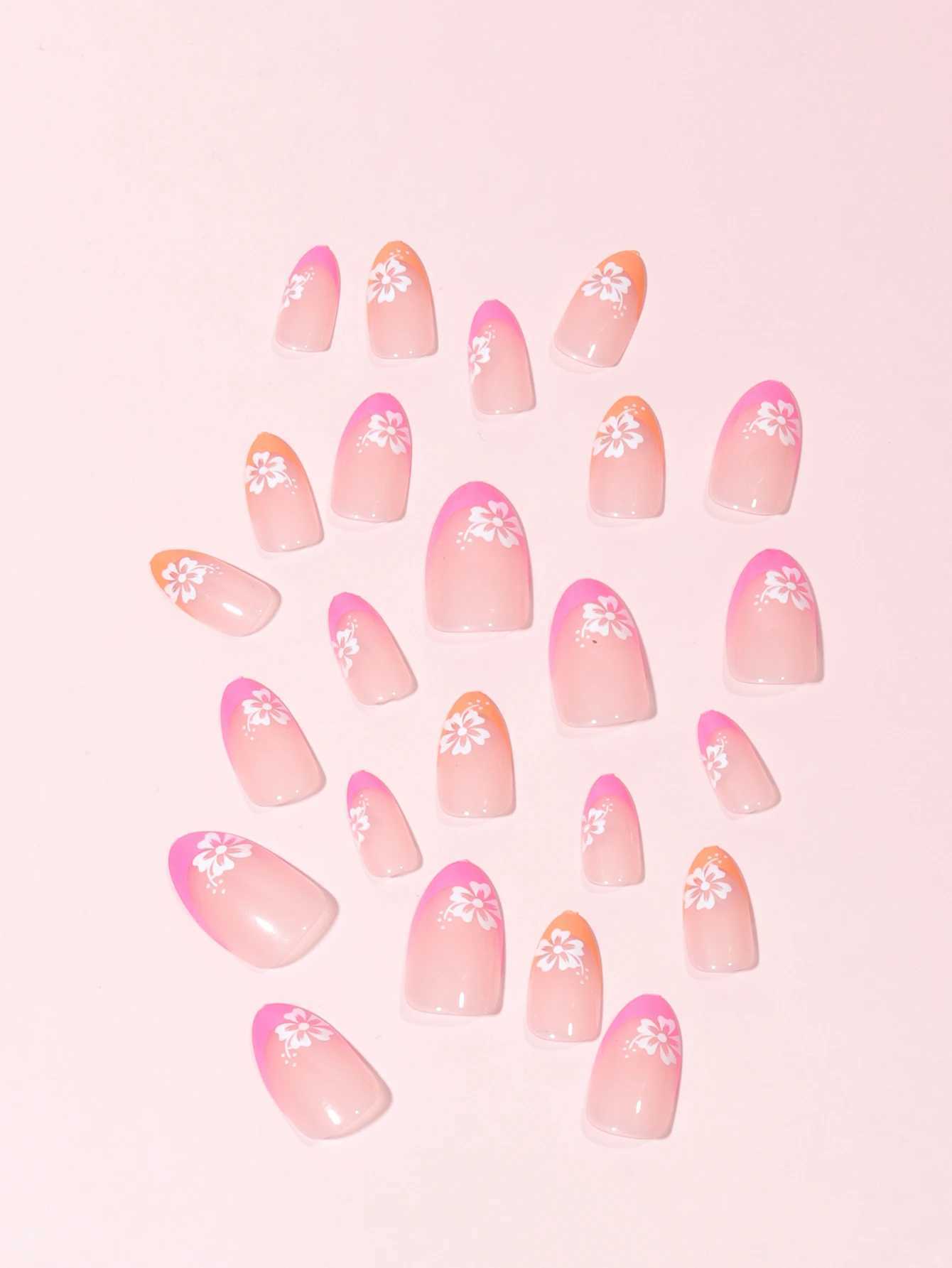24 pieces of long almond two tone French floral pattern ABS fully covered fake nails 1 piece of jelly glue and 1 piece of document W240810