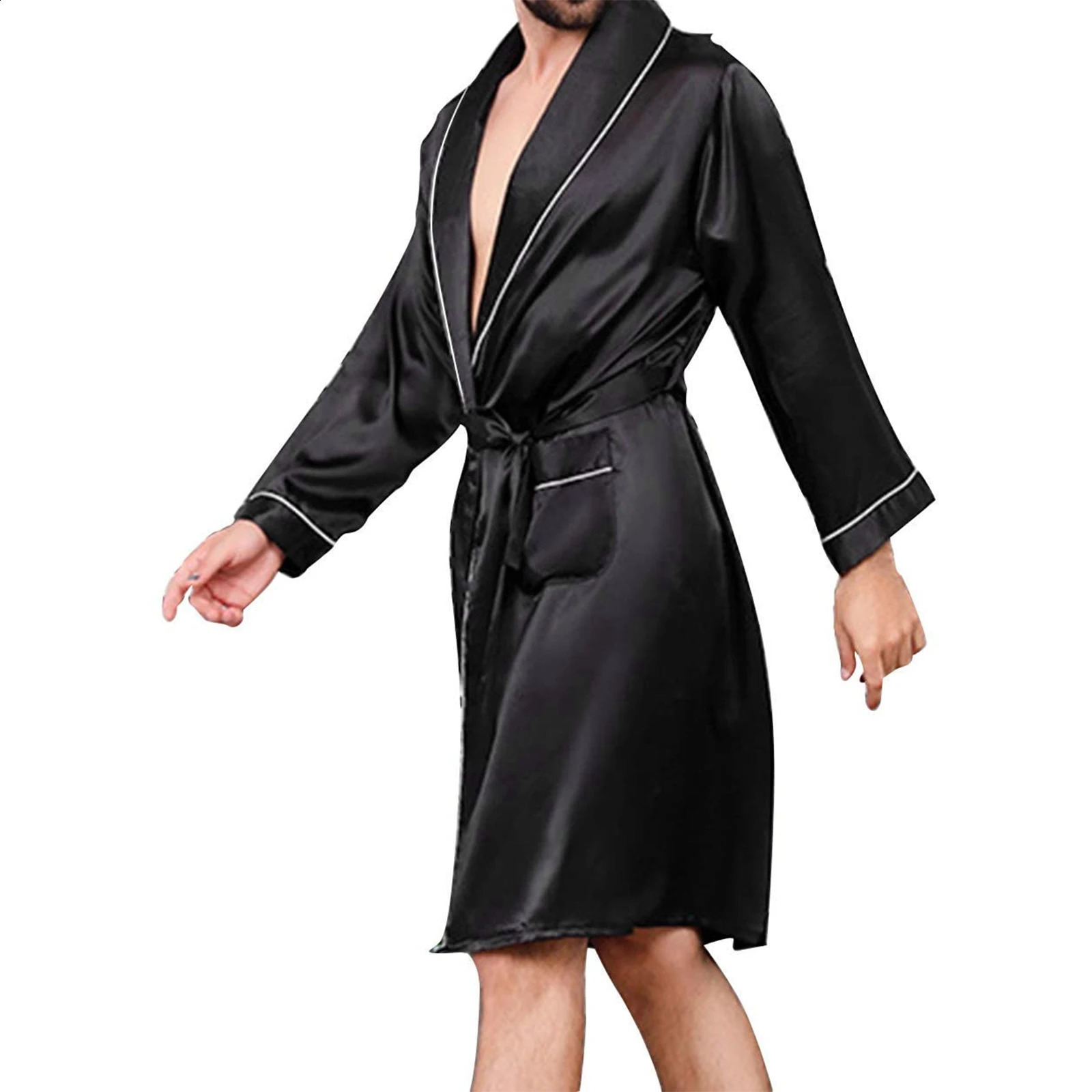 Men Satin Bathrobe with Belt Adults Contrast Color Long Sleeve V-neck Night Robe with Pockets SMLXL 240812