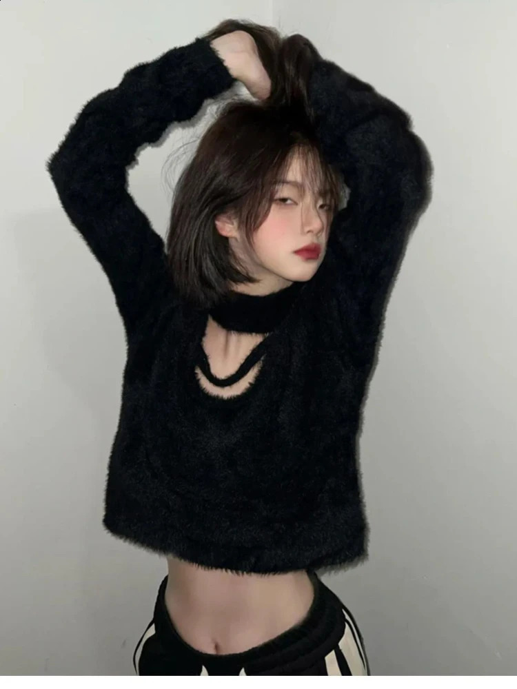 HOUZHOU Black Sexy Sweater Women High Street Hollow Out Cropp Tops Slim Chic Knitted Pullover Korean Fashion Long Sleeve Sweater 240812