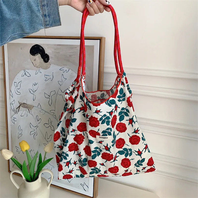 Yuda Fashionable Retro Flower Cotton Fabric Womens Shoulder Bag Large Leisure Shopping Handbag 240812