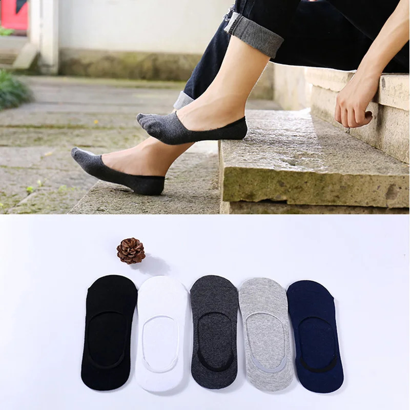 5 Pairs Plus Size Boat Socks for Men - Non-Slip, Invisible, Summer Cotton, Black Sporty Meias