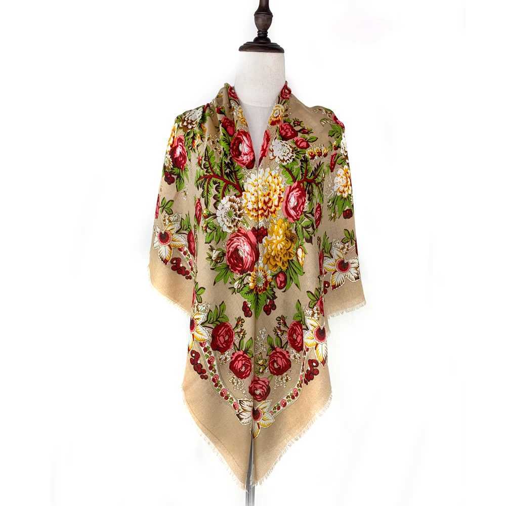 130 * 130cm breathable thin Russian square scarf womens luxury floral print Ukrainian shawl traditional Babushka Bandana headscarf W240810