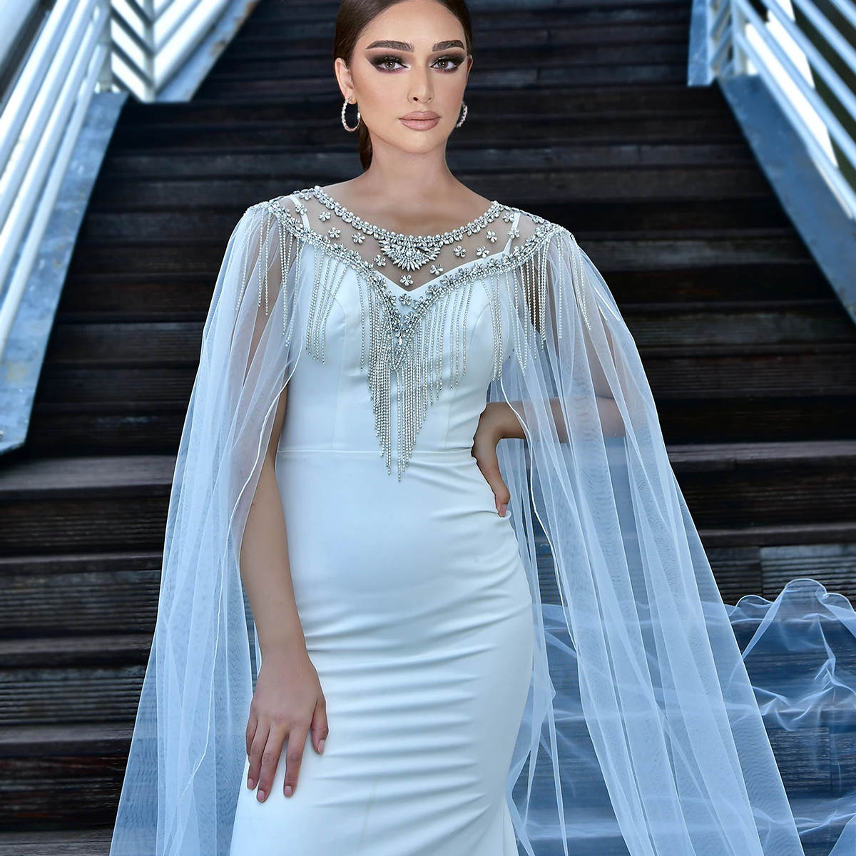 Gorgeous Long Wedding Wrap Beaded Tassel Crystal Beading Tulle Sleeveless Bride Shawl For Strapless Bridal Dress High Quality