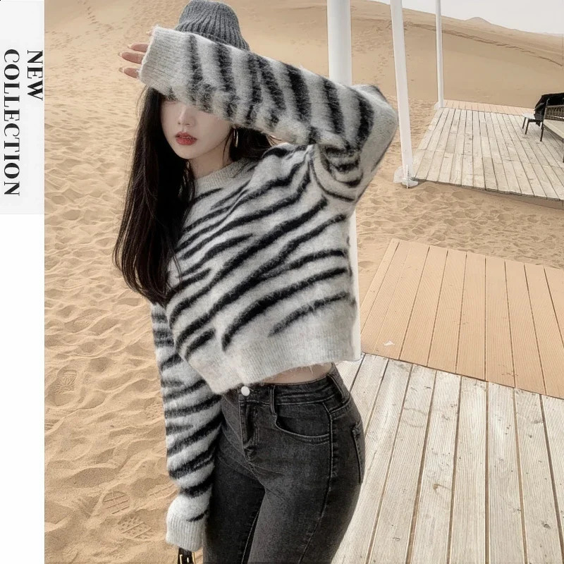 Womens Black Gothic Pullover Knitted Sweater Harajuku Korean 90s Y2k Long Sleeves Jumper Striped Sweaters Vintage 2000s Clothes 240812