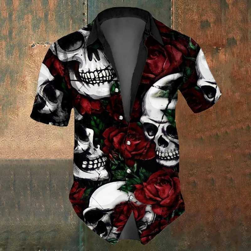 Summer Mens Skull Shirts Casual Short Sleeve Shirt For Men Black White Printed Mens Clothing Loose Oversized Lapel Shirts TopXJ240812