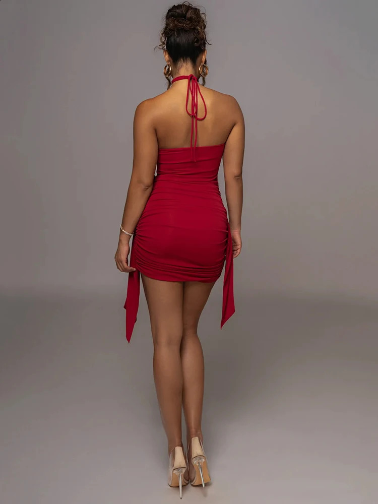 Mozision Halter Flower Sexy Mini Dress For Women Strapless Backless Irregular Dress Femme Ruched Skinny Club Party Dress Ladies 240812