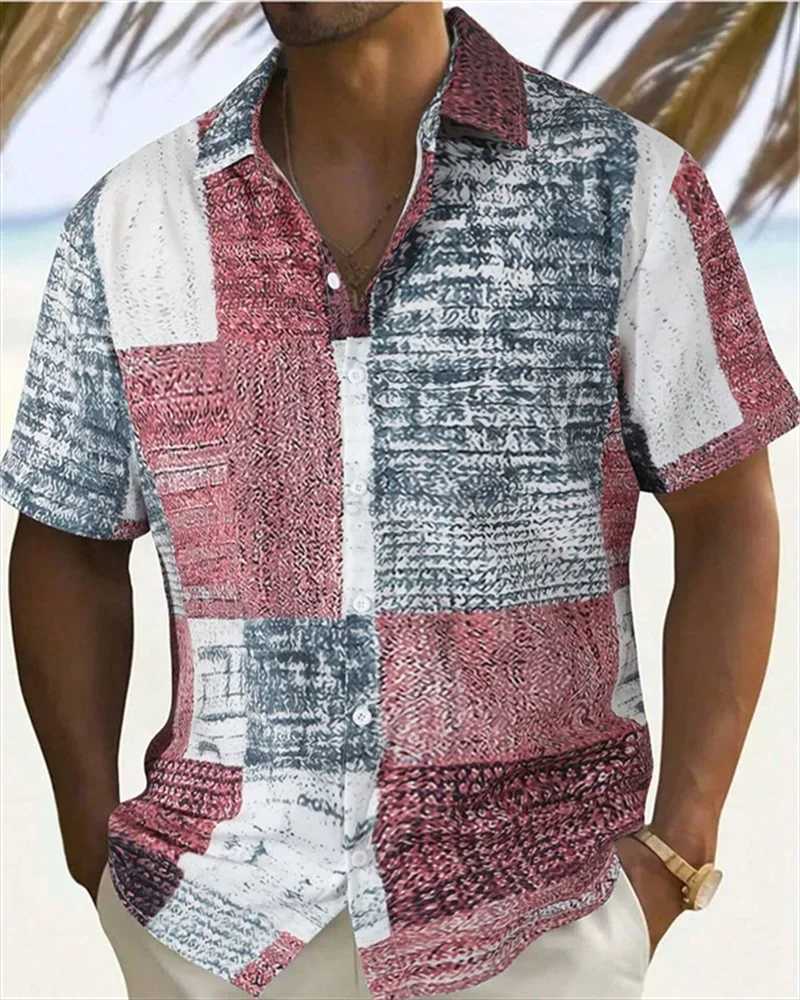 2024 Mens Color Block 3D Printed button-down Lapel Short Sleeve Shirt Large Size 5XL High quality Hawaiian Beach shirt TopXJ240812
