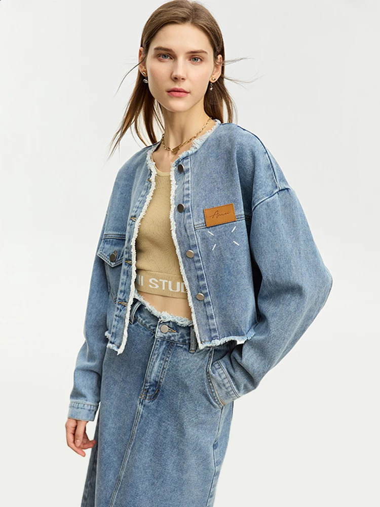 AMII Minimalist Denim Womens Dress Set Autumn Crew Collar Loose Coat Straight Leather Two Piece 12343096 240810