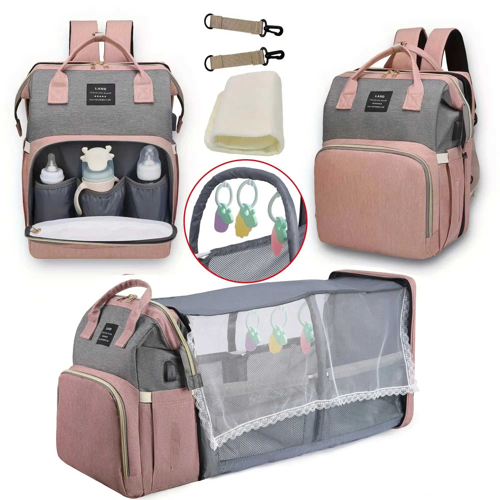 Mommy Baby Diaper Bag Backpack Replacement Pad Sunshade Mosquito Net Wet Dry Carry USB Charging Port Cart Hanging Bag W240812