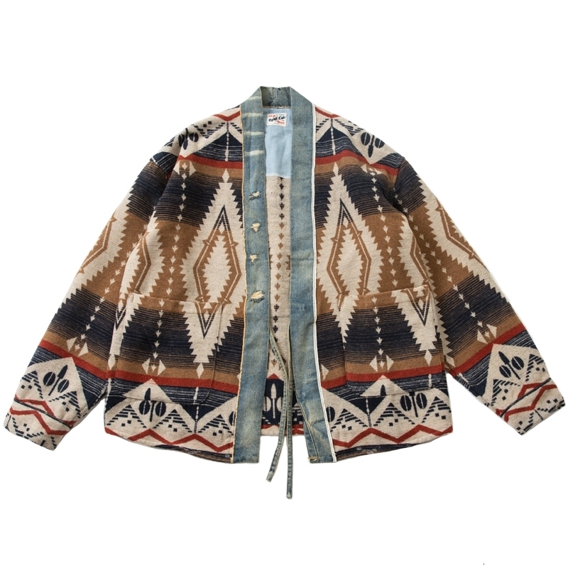 ABOORUN Men Retro Cardigan Robe National Denim Patches Jackets Streetwear Coat for Male 240810CJ