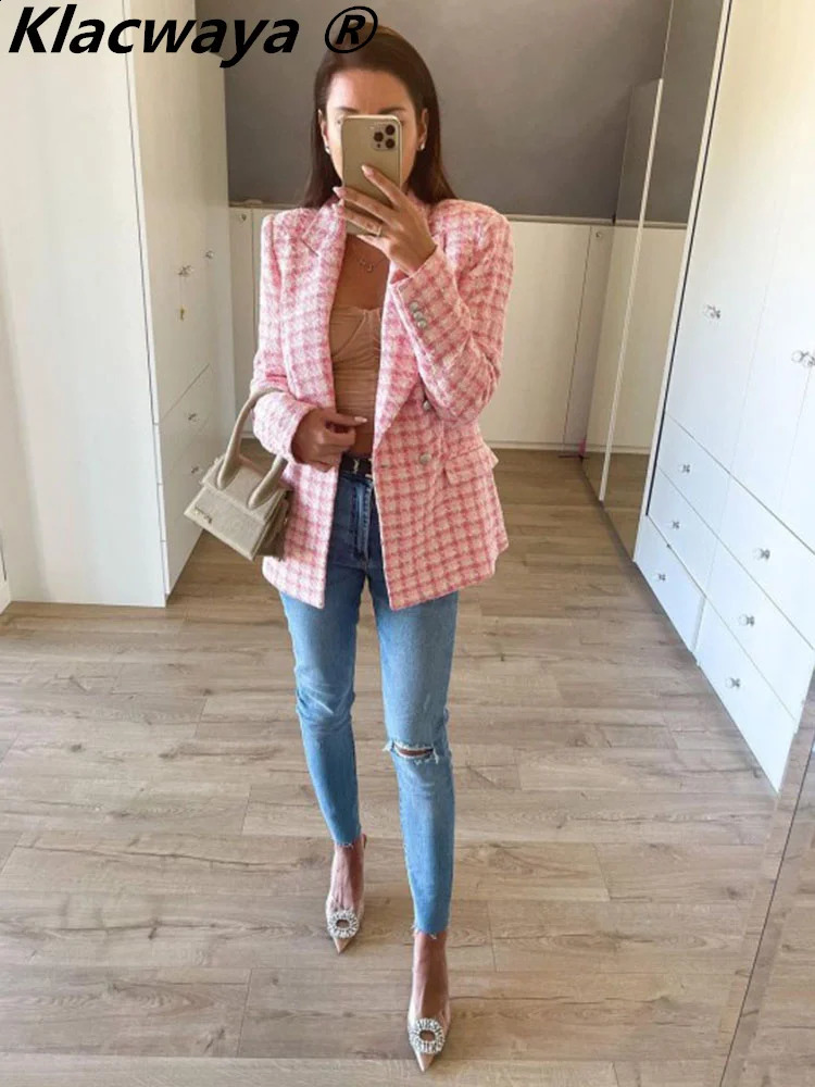 Klacwaya Blazer Women Jacket Pink Plaid Blazer Women Clothing Office Casual Tweed Blazers Double Breasted 240812
