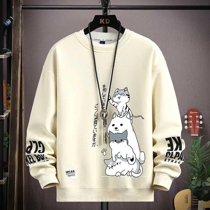 Autumn mens sportswear with Japanese cartoon cat print top Harajuku Takahashi long sleeved T-shirt casual and fashionable mens clothingW240724