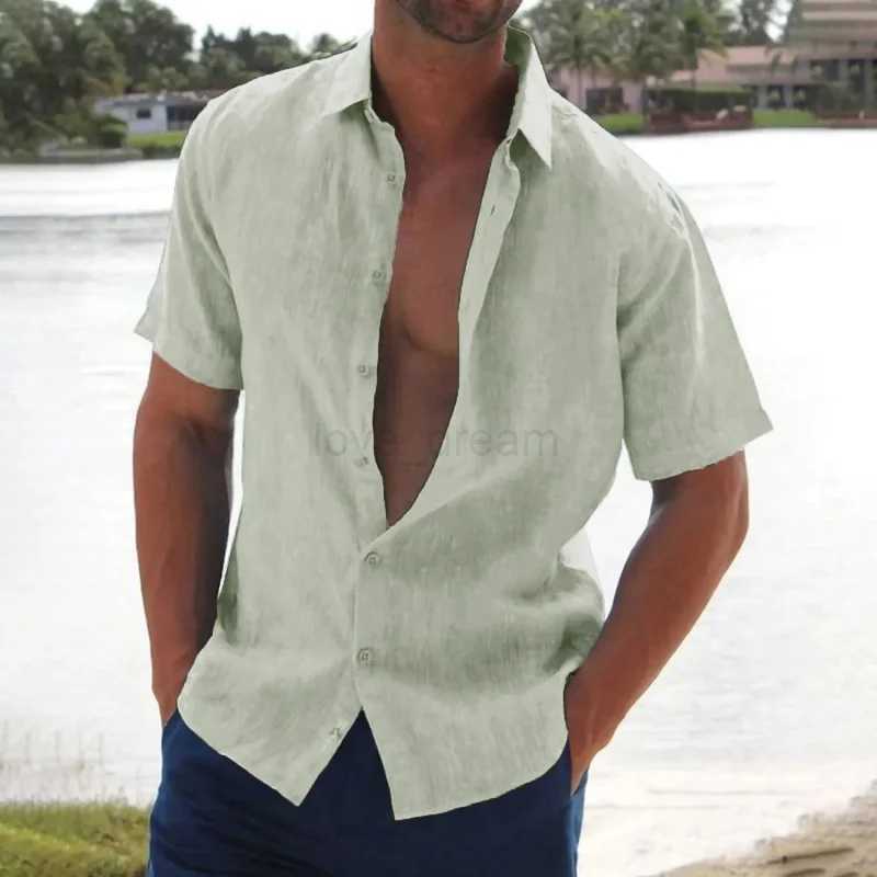 2024 Fashion Casual Mens solid color lapel top Summer loose beach cotton Short-sleeved ShirtXJ240812