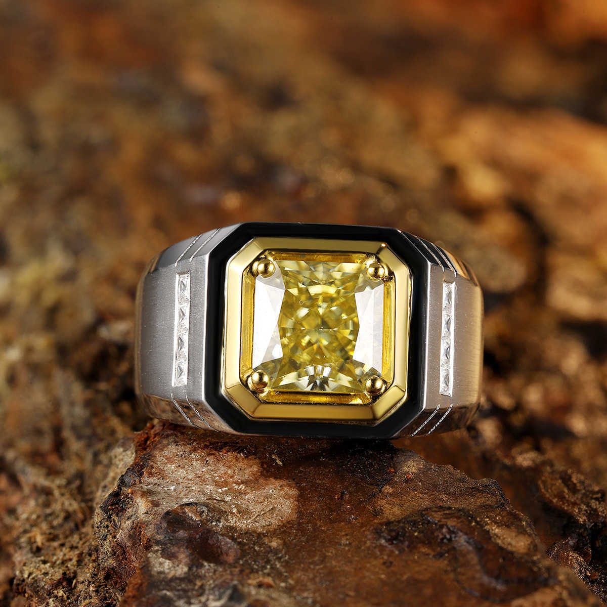 New Arrival 3.12ct Yellow Moissanite Mens Ring Sterling Silver Moissanite Diamond Engagement Ring