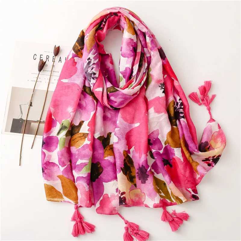 2023 Luxury Brand Ink Painting Flower tassel Adhesive Shawl Scarf Womens High Quality Pashmina Headscarf and Wrap Foulard Muslim Sjaal W240810