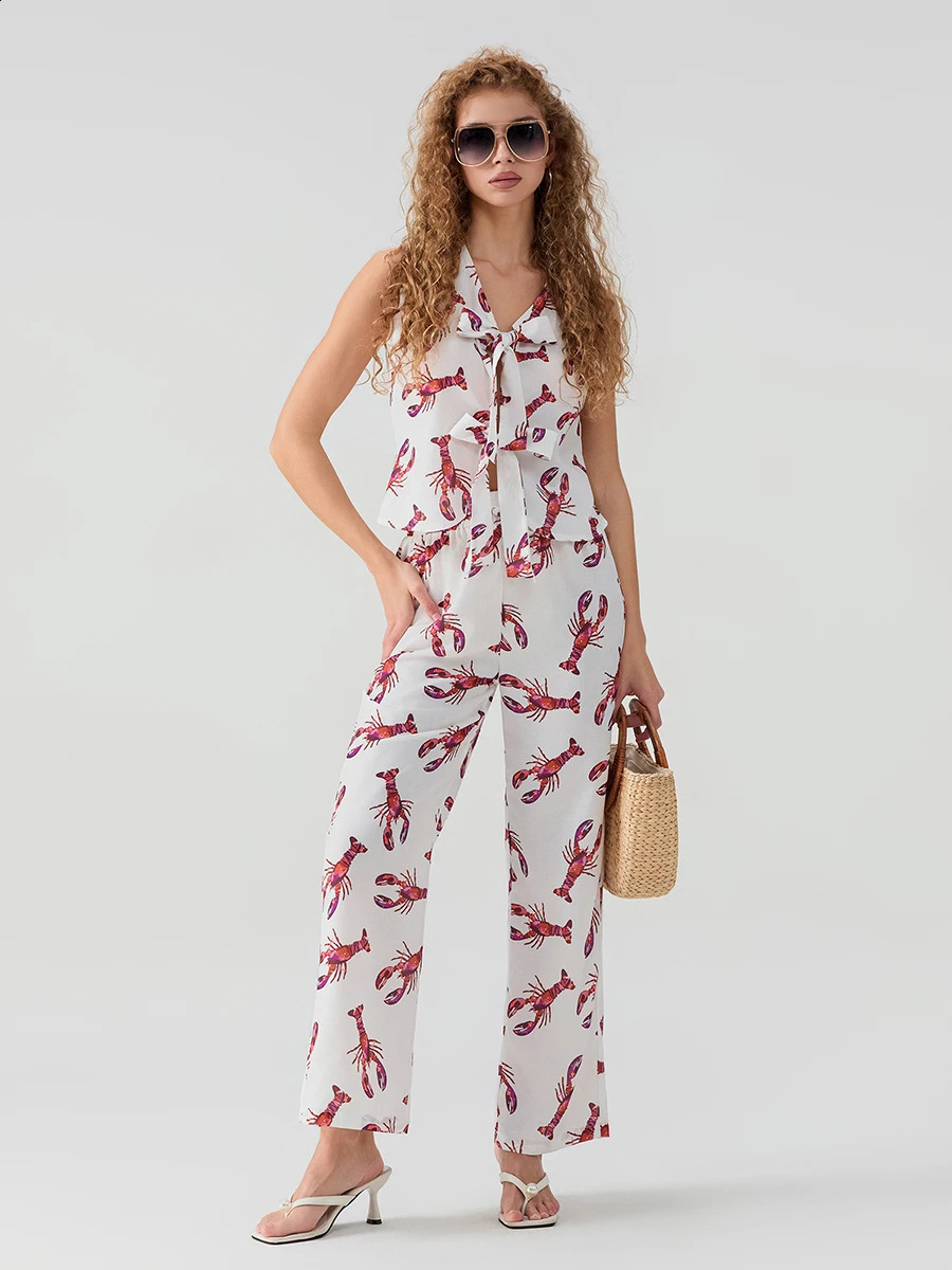 Fashion Womens 2 Piece Casual Outfits Lobster Print Tie Front Vest Drawstring Pants Sets Streetwear 240812