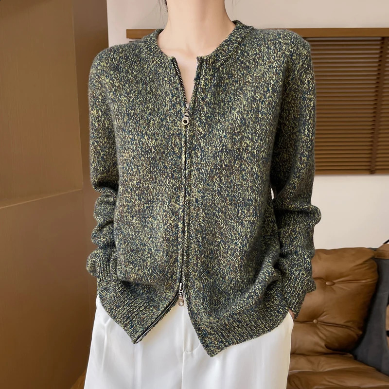Round Neck Cardigan Womens Cashmere Knitted Jacket With Zipper Loose Long Sleeves Autumn Winter Versatile Warm CommutingTop 240812