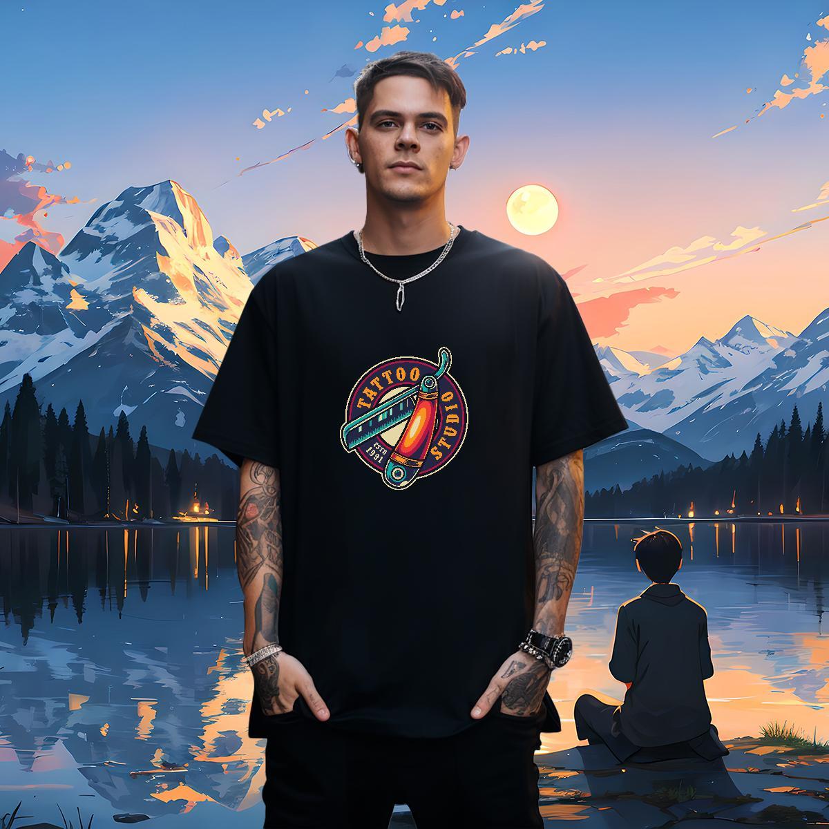 Soft Men Tees tool 230g Cotton Hip Hop Street Crew Neck Man T Shirts Cartoon Print 2024 New Clothes