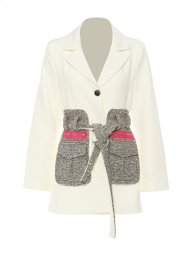 EAM Black Tweed Pocket Elegant Long Blazer Women Lapel Long Sleeve Loose Fit Jacket Fashion Spring Autumn 1DE9891 240812