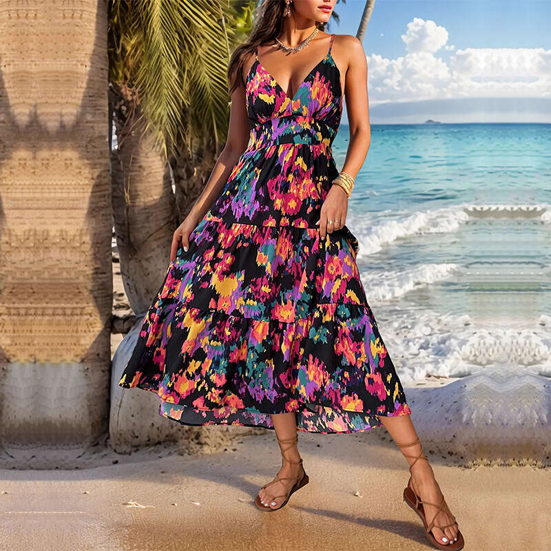 Solid 2024 Summer New Tiktok Skirt Print A-line Long Split Hanging Strap Open Back Dress Chiffon Floral Dress Self-cultivation Short Waist SKINNY DRES