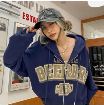 Y2k Women Letter Print Hoodies Fall Winter Retro Loose Zip Up Hooded Sweatshirts Female Casual Long Sleeve Sweatshirt Coats 240816