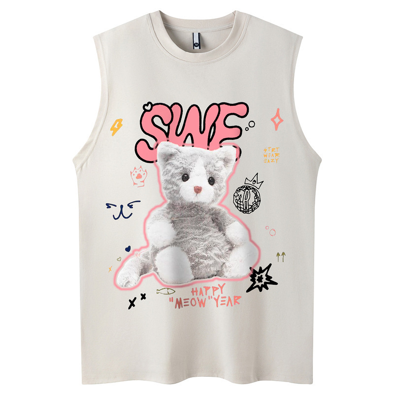 Mens Cool Pink Doll Printed Sleeveless Tank Top with Drop Feel Loose American Bottom Shirt