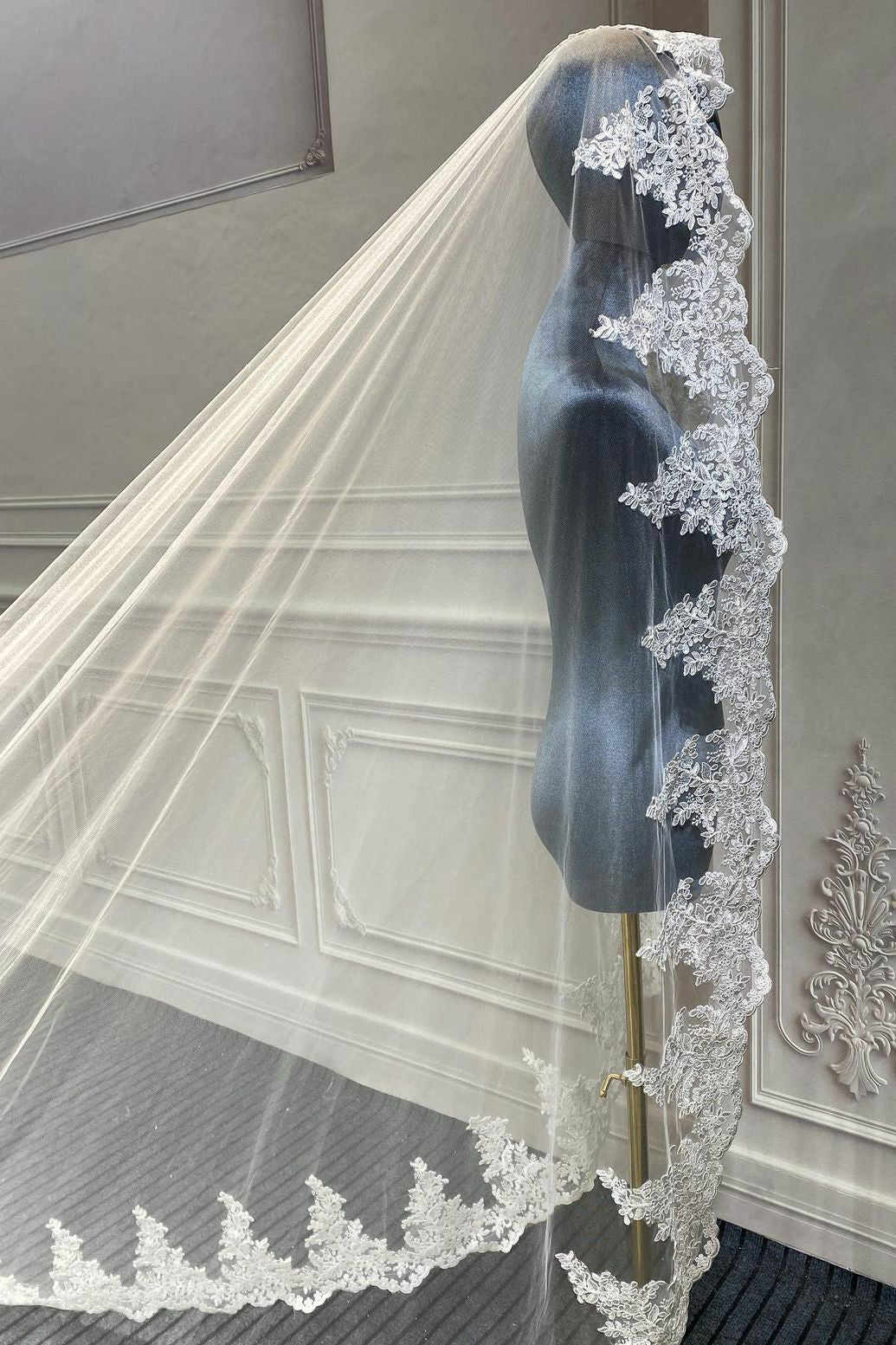 3M Long Veil Lace Appliqued Cathedral Length Wedding Veils Bridal Hair Accessory With Comb Custom Made