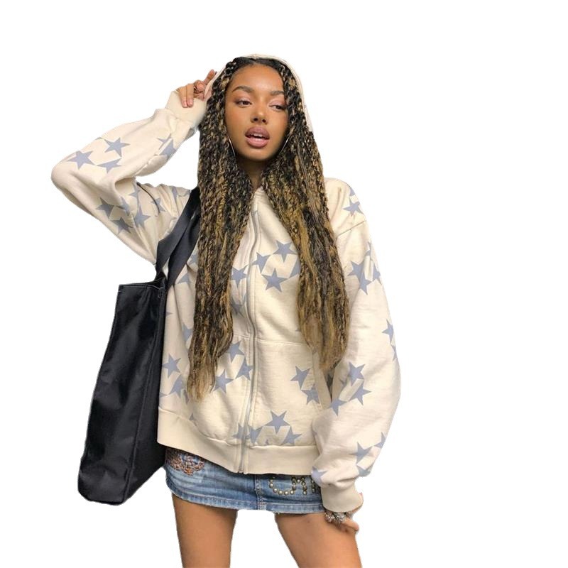 Women's Hoodies Sweatshirts Women Vintage Star Print Hoodies Fashion Casual Zip Up Long Sleeve Loose Jacket Coats Harajuku Hooded Sweatshirts Y2k