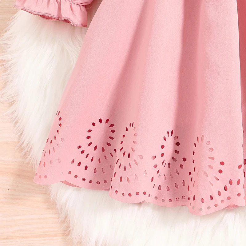 Autumn Dress Kids Girls 4-7 Years Little Girls Long-Sleeved Dress With Pink Hemline Burned Flower Elegant Princess Dress 240809