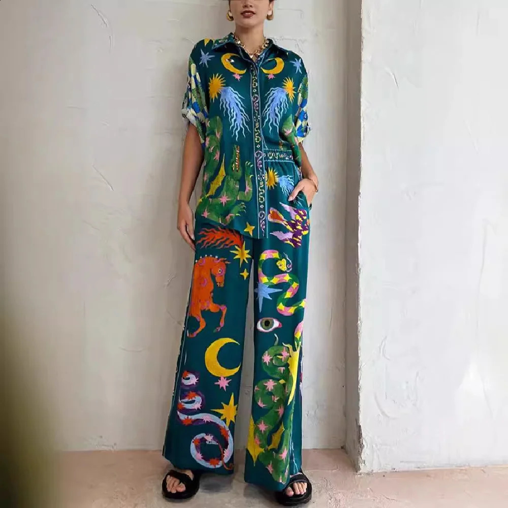 Women Printed Set Buttons Shirt Blouse Top Loose Long Pants 2 Pieces Set Lady Hawaii Spring Summer Casual Outfits Streetwear 240812