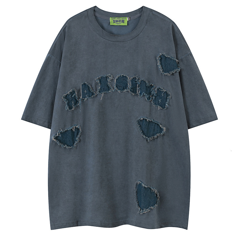 Mens Ins Love Cowboy Sticky Cloth Subculture Fading Whitewashing Doing Old Hip Hop Short Sleeved T-shirt for Men and Women