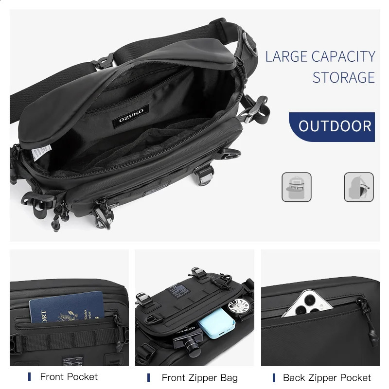 OZUKO Fashion Mens Waterproof Waist Bag Outdoor Sports Strap Chest Bag Tactical Fanny Bag Mens Youth High Quality Cross Body Bag 240812
