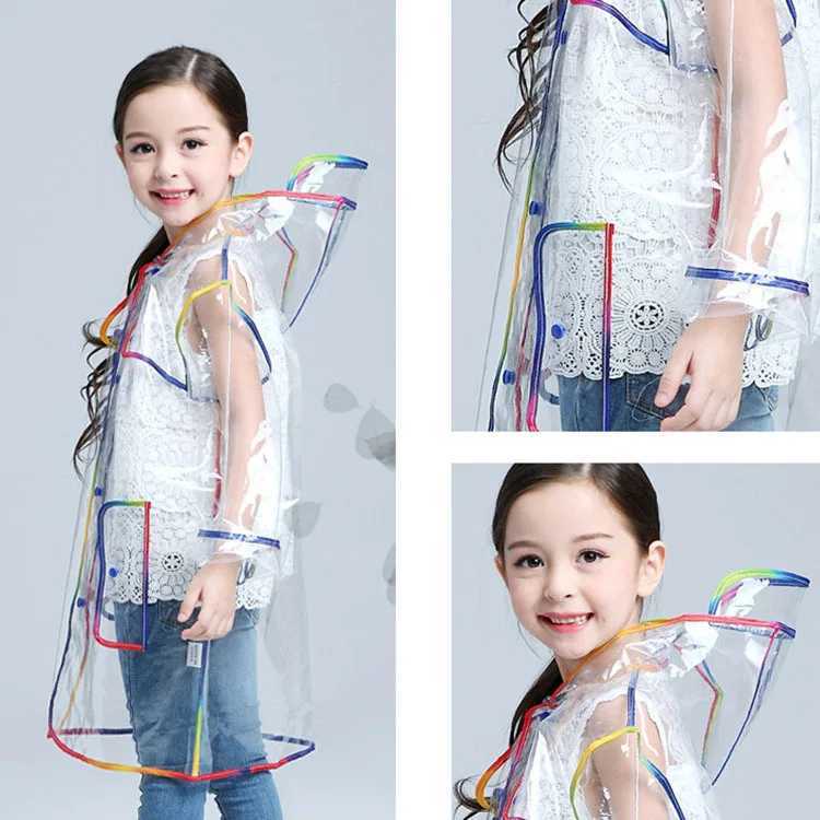 Transparent Rainbow Edge Kids Raincoat Waterproof EVA Children Rain Coat Windproof Rain Jacket Poncho Hat Kindergarden Rain Gear Y240813