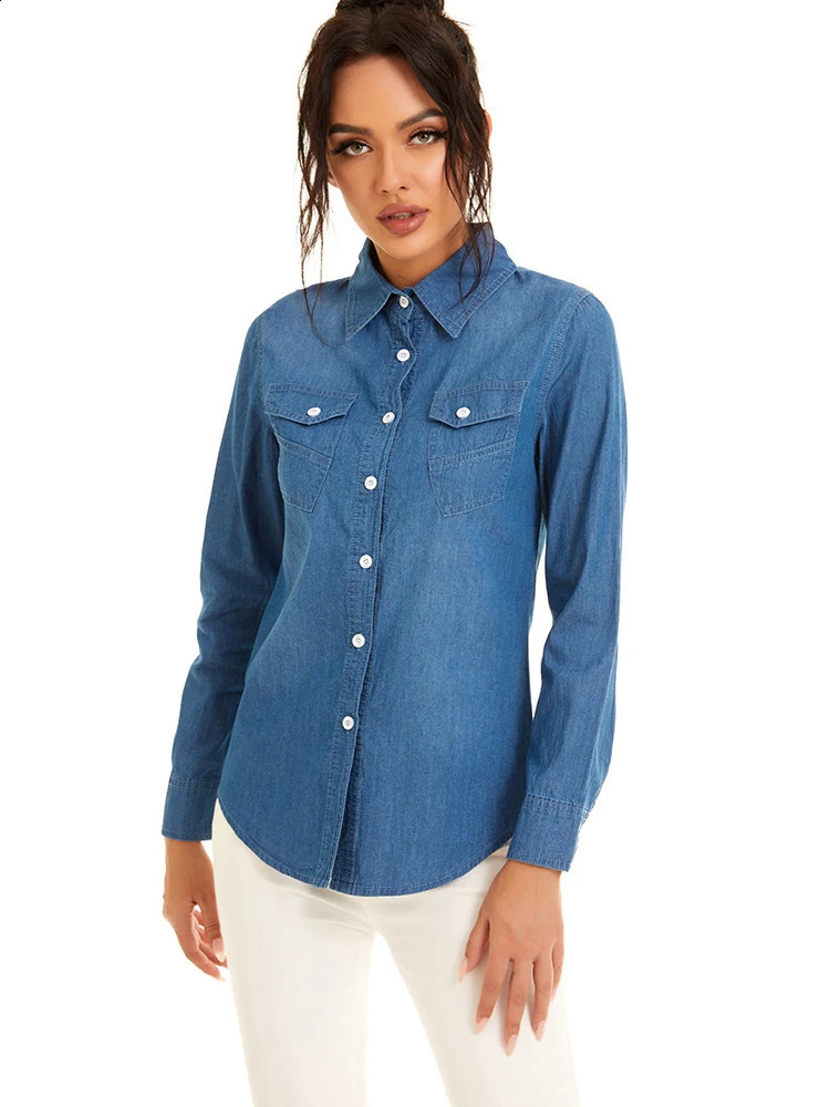 Light Blue Slim Thin Cotton Denim Shirts For Woman 2024 Spring Casual Ladies Tops Long Sleeve Jeans Blouses Clothing 240812