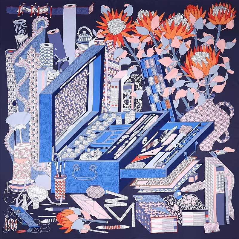 130cm womens scarf shawl 100% twill silk scarf square scarf toolbox floral printing collar scarf and packaging W240810