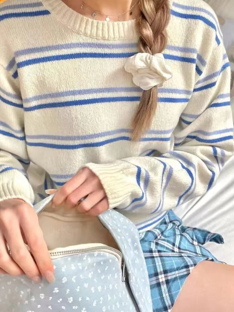 Retro Striped Knit Sweaters Women Autumn Vintage Casual Soft Cotton Round Neck Long Sleeve Pullovers Harajuku Sweet Y2k Tops 240812