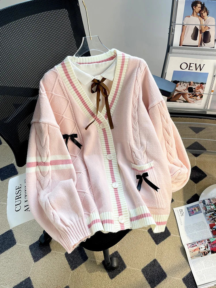 Womens Pink V-Neck Cardigan Knit Sweater Harajuku Y2k Kawaii Long Sleeves Bow Sweater Vintage 90s 2000s Aesthetic Clothes 240812