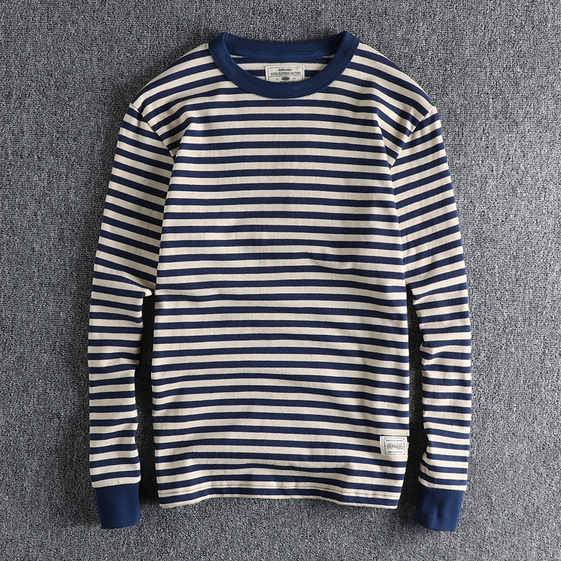 Autumn American Retro Long-sleeved O-neck Striped T-shirt Mens Fashion Simple 100% Cotton Washed Casual Sport Tops 240812