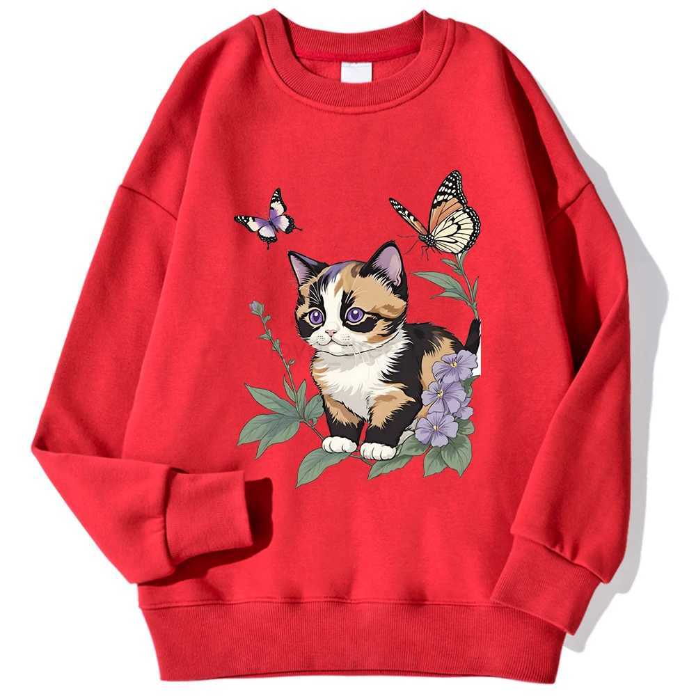 The Cat Is Catching Butterflies In The Flowers Hoodies MenFashion S-XXL Hoodie Casual High Quality Hoody Autumn Casual TopsXJ240812