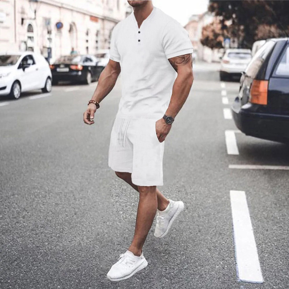 Summer Men Lapel Spliced T-shirt Set Short Sleeve Shorts Sports Casual Suit Fashion Loose Shorts Set Outfit T shirt Two-Piece 240812