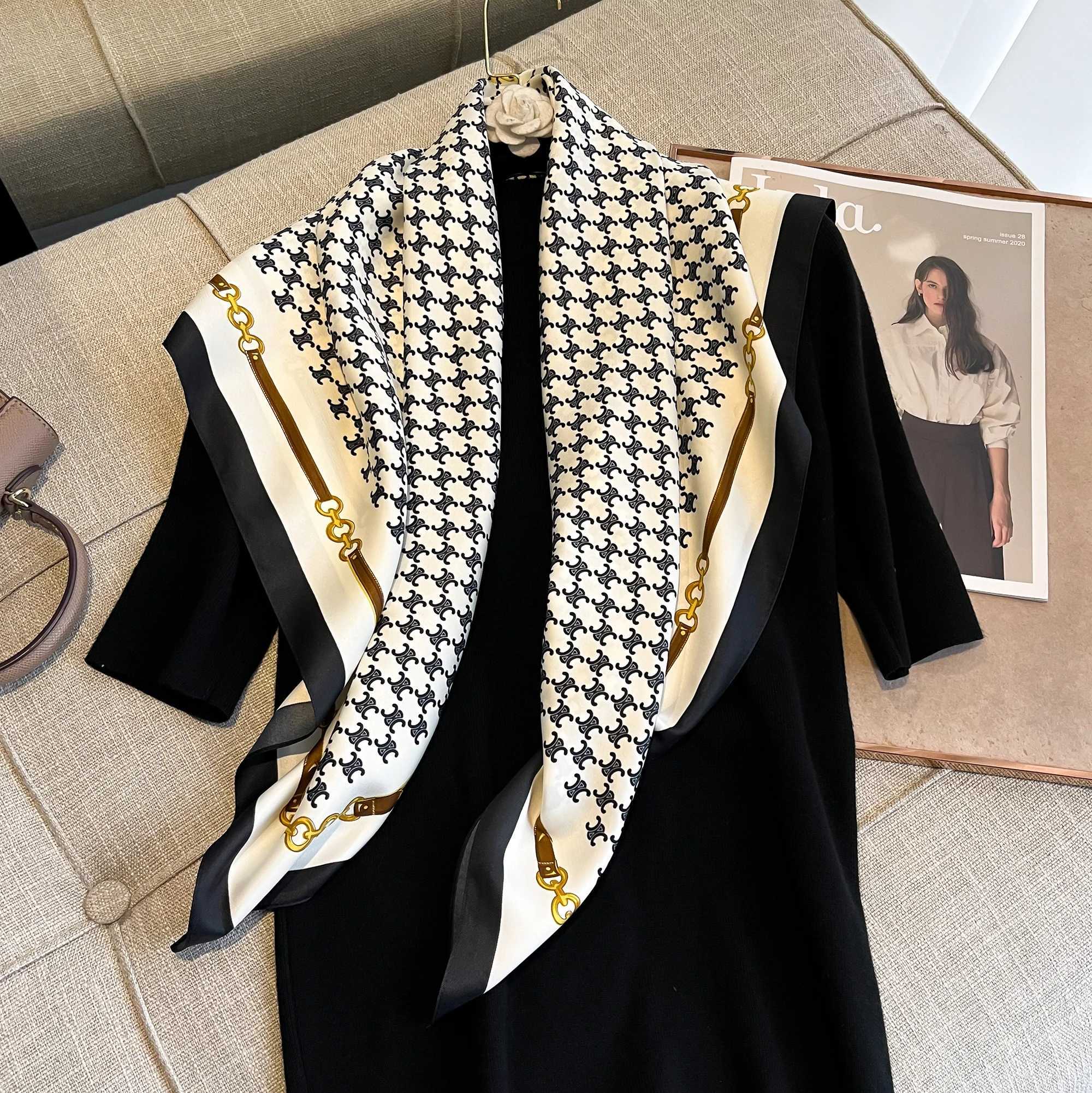 New fashion printed twill silk scarf womens headscarf Muslim headband 90cm square Bandana fountain summer shawl beach Stoles Echape W240810