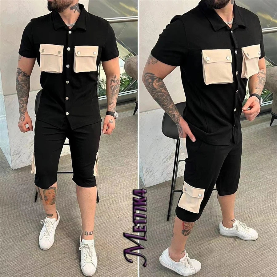 Summer Mens Short sleeved Polo Neck Shirt Shorts Casual Mens Two Piece Set 240812