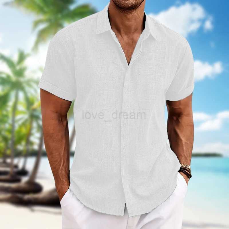 Mens short-sleeved shirt cotton linen lightweight skin-friendly beach top loose casual solid color fashion mens wearXJ240812