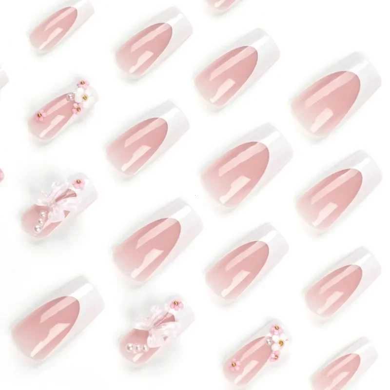 24 pieces of pink bow design fake nails ballet long pressed nails pearl wearable coffin fake nails French square finger nails W240810