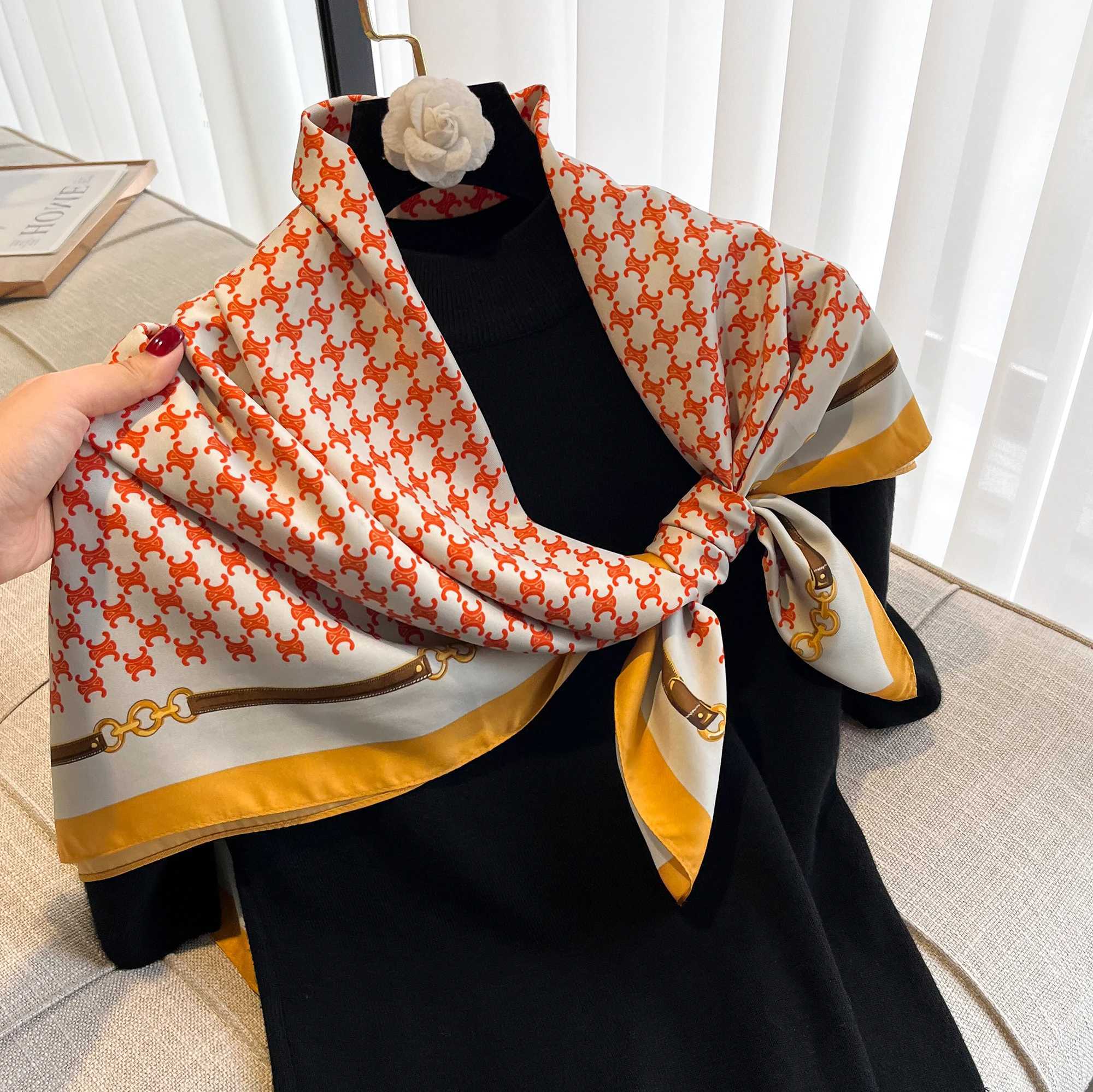 New fashion printed twill silk scarf womens headscarf Muslim headband 90cm square Bandana fountain summer shawl beach Stoles Echape W240810