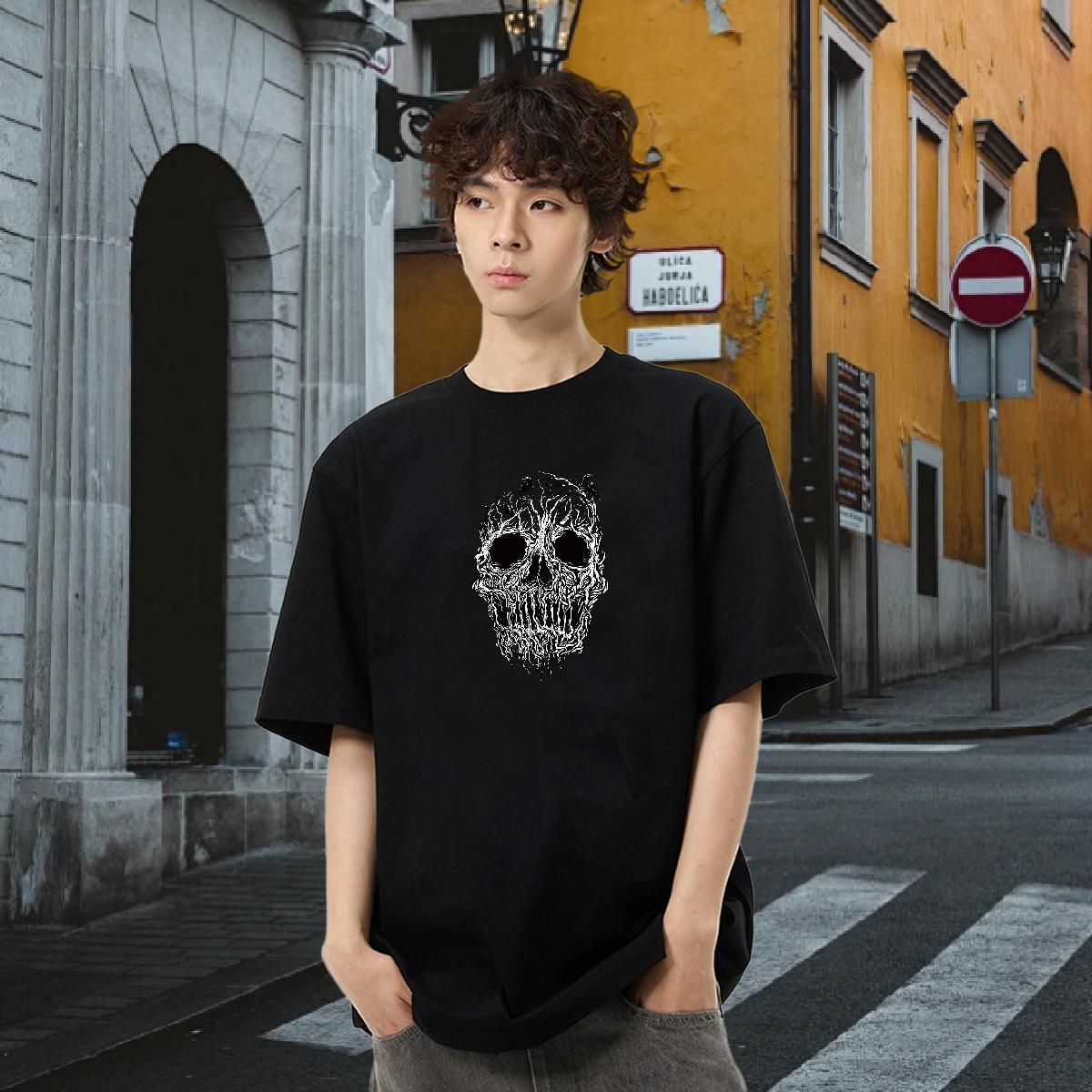 Fashion Mens T Shirts skull Tops Tees 100% Cotton 230g Outdoor Loose Fit Asian Size Pure Cotton Mens Tshirts